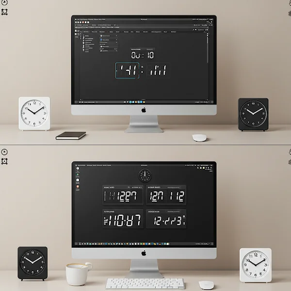 Susun atur skrin komputer desktop dengan pelbagai widget aktif