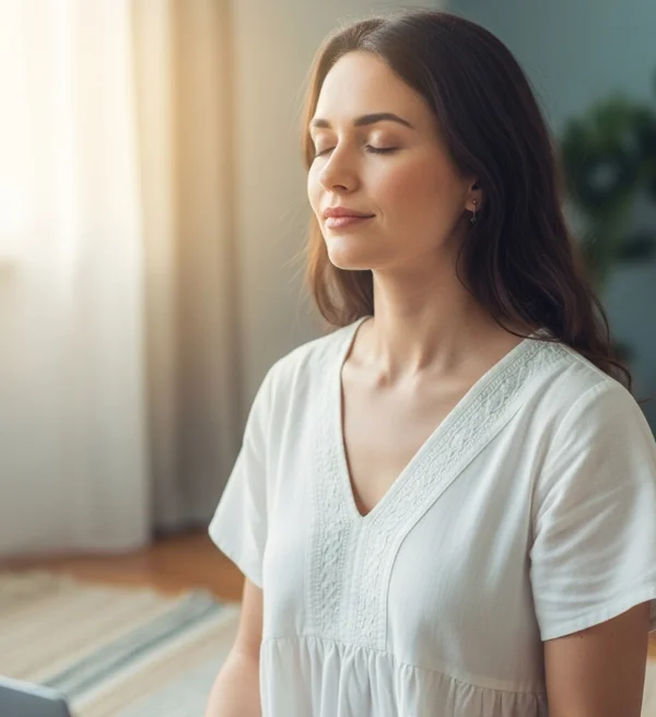 Mindful woman taking a break from her laptop