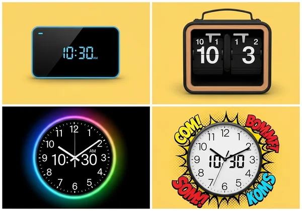 Variety of online clock themes: digital, flip, LED, comic.