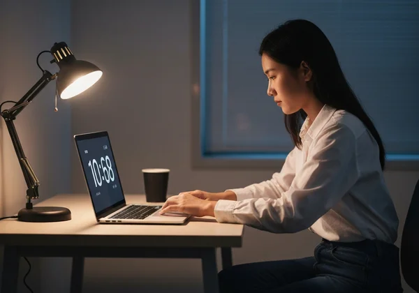 Student studying at night with dark mode clock