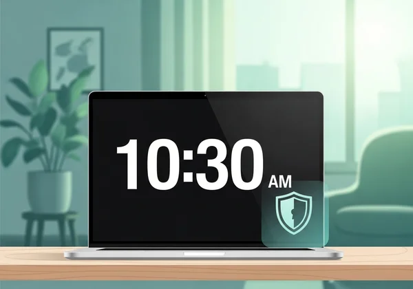 Digital clock on a laptop screen with privacy shield icon