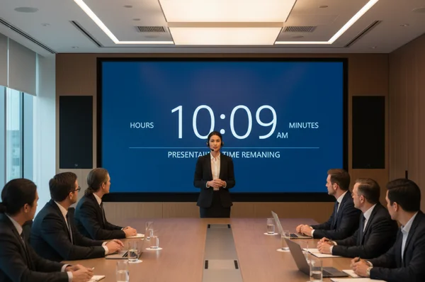 Professional presenter with a large digital clock