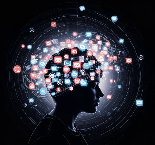 Une tête de personne entourée d'icônes numériques distrayantes