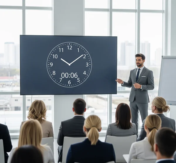 Une horloge en plein écran utilisée comme minuteur de présentation lors d'une réunion