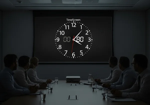 A large digital clock on a projector screen in a conference room.