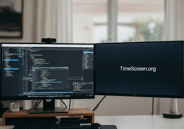 A large digital clock displayed full-screen on a second monitor.