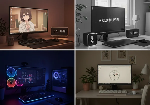 Collage of aesthetic desktop clock setups for inspiration.