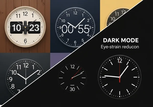 Collage of various customizable clock themes, including dark mode.
