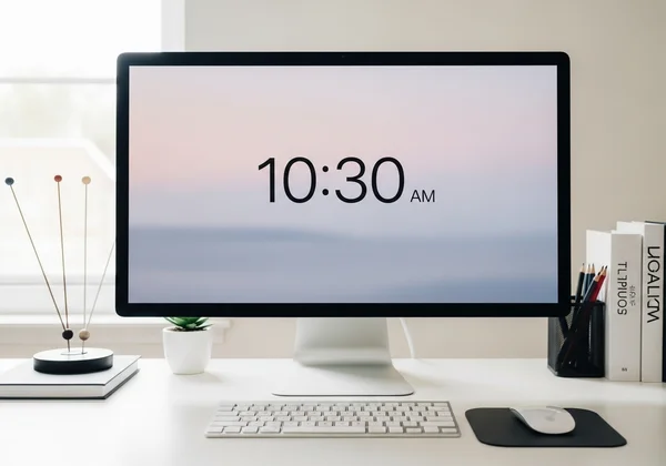 Minimalist full screen digital clock on a modern desktop.