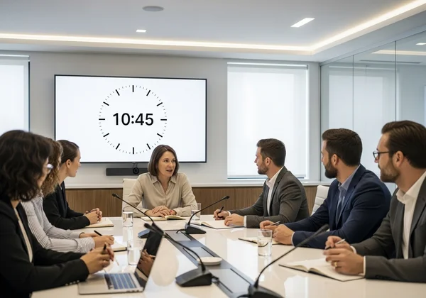Large digital clock displayed in a professional meeting setting.