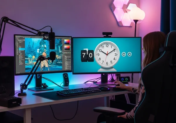 Streamer desk with a retro flip clock on a second monitor.