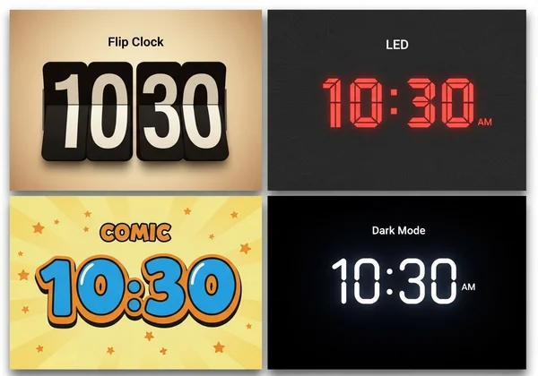 Collage of TimeScreen themes: Flip, LED, Comic, and dark mode