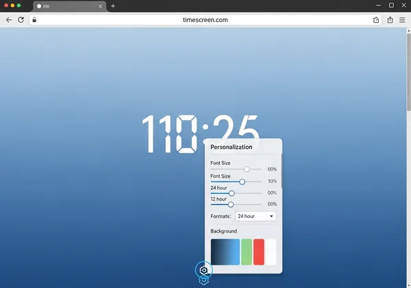 TimeScreen homepage showing gear icon and open settings panel